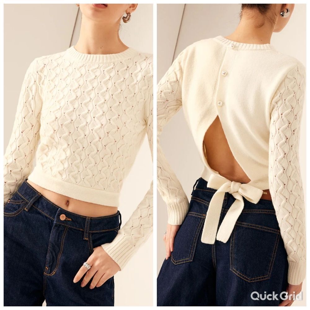 Cutout Bow Back Texture Cream Knit LS Sweater L XL